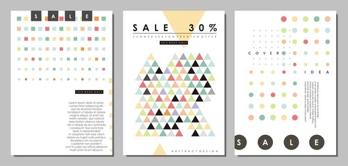 Minimalist covers and banners designs with simple geometric shapes. Abstract vector Memphis style patterns collection. Triangles, circles and squares, sale posters set.