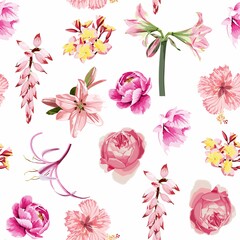 Seamless pattern: many kind of pink exotic flowers. Hand drawn beautiful elements. Nature botanical art, elegant pink wallpaper on white background.