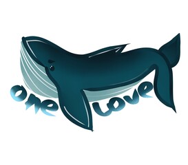 illustration of cartoon whale isolated on white. one love