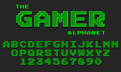 Green pixel art game alphabet and numbers with glossy plastic texture, 3D rendering, retro letter set, creative uppercase font design 80s, 90s style