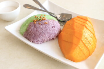 ripe mango and sticky rice with coconut milk, Thai dessert.