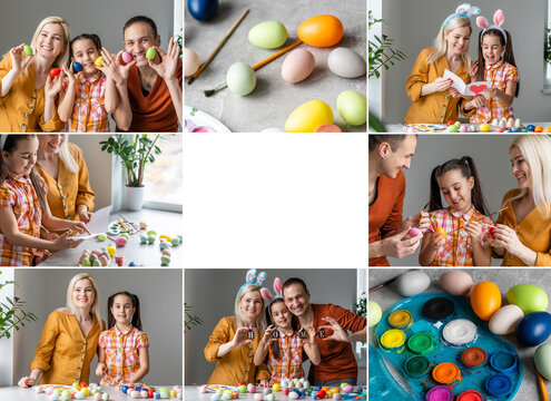 A collage of family Easter photo session. Mother, father and small daughter sit at home on the white kitchen and having fun.