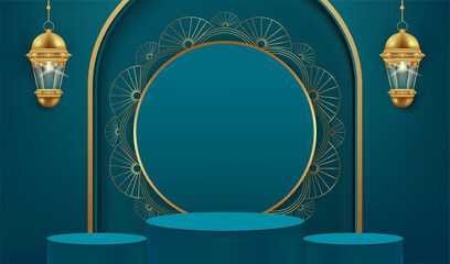 3d ramadan kareem background with golden lamp and podium.