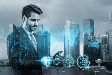 A young handsome Caucasian cybersecurity developer explores new approaches to protect clients confidential information using phone. IT lock icons over Singapore city background.