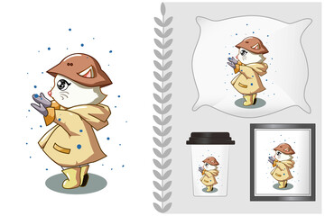 Mockup set, white cat wearing coat and hat in the winter illustration