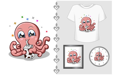 Mockup set, pink octopus drinking milk illustration