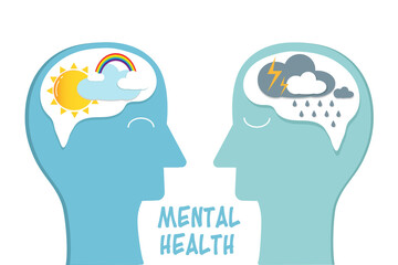 The comparison between happy and sad mental condition in psychological state, positive mind with sun and rainbow symbol, negative thinking with rain and thunderstorm concept,