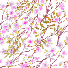 A pattern with pink flowers and golden leaves . Watercolour. The images are hand-drawn and isolated on a white background.
