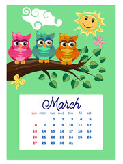 Calendar 2022. Cute owls and birds for every month. Wall vertical calendar for 2022, the week starts on Sunday. A4 format