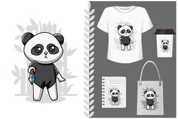 Mockup, small and cute panda with sword illustration