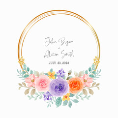 Colorful watercolor roses wreath with golden frame