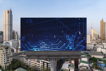 Technology hologram on billboard over panorama city view of Bangkok. The largest tech hub in Southeast Asia. The concept of developing coding and high-tech science.