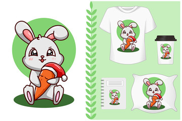 Mockup set, rabbit hug the carrot wearing Christmas hat