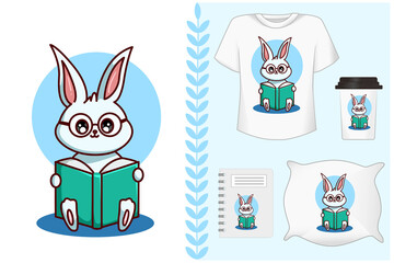 Mockup set, spectacles rabbit reading a book