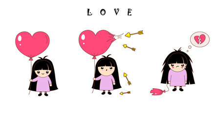 Cute kawaii set with girl and heart balloon. Great illustration for St. Valentines Day design.  