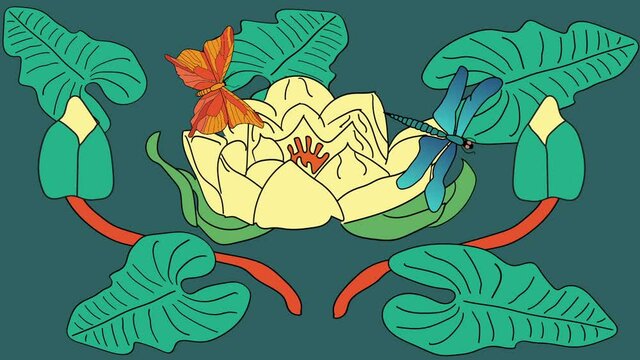 Animation of a dragonfly and butterfly flying above water Lilly flowers and leaves. 