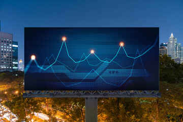 FOREX graph hologram on billboard, aerial night panoramic cityscape of Bangkok. The developed location for stock market researchers in Southeast Asia. The concept of fundamental analysis