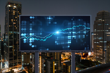 FOREX graph hologram on billboard, aerial night panoramic cityscape of Bangkok. The developed location for stock market researchers in Southeast Asia. The concept of fundamental analysis