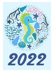 Fototapeta premium Marine life. calendar design template for 2022, A4 format. Week starts on Sunday. Whale, mermaid, snail, shark, crab, stingray, seahorse, dolphin, octopus, turtle