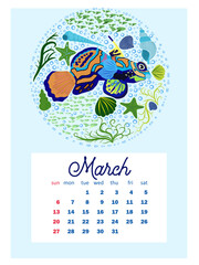 Marine life. calendar design template for 2022, A4 format. Week starts on Sunday. Whale, mermaid, snail, shark, crab, stingray, seahorse, dolphin, octopus, turtle