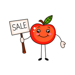 Cartoon apple with inscription sale on tablet. Great illustration for commercial design.