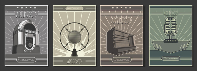 1920s - 1940s Art Deco Style Posters Template Set, Retro Radio, Microphones, Jukebox