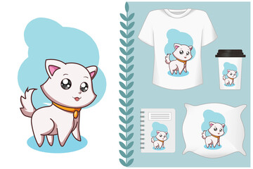 Mockup, small and beautiful cat on white blue background