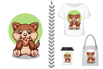 Mockup dog eating cookies cartoon illustration