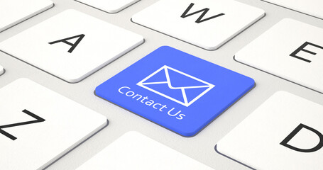 Contact us web and website concept, Modern keyboard with a email icon and contact us word on a blue computer button. Contact us keyboard concept. 3d Illustration