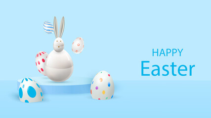 Happy easter. Design Rabbit with eggs. Festive spring 3d composition. Realistic stage, catwalk, festive studio. Minimal background. Modern creative template.Vector i