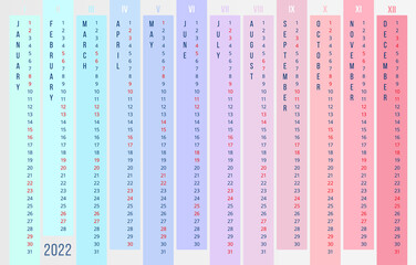 Multecolored calendar 2022. New 2022 year. 12 months vertically of different colors. Vector wall calendar on light background. Stock vector template
