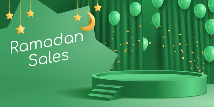 Islamic Podium for ramadan sales. Fun Ramadan kareem background with blank space text area. Islamic product display mock up. Podium, crescent moon, ballon, eid fitr adha, mawlid, isra miraj, muharram