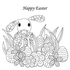 Coloring book for adults and older children, Happy Easter Card . Cute bunny, Easter eggs and flowers. Cartoon style