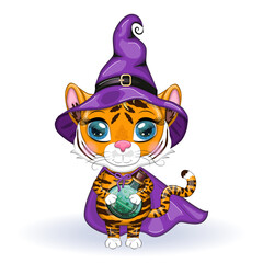 Cute cartoon tiger with beautiful eyes, orange in a purple cloak and a witch's hat, with a potion. Halloween 2022