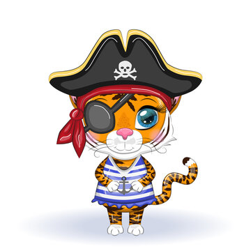 Cute cartoon tiger with beautiful eyes in the image of a pirate. Illustrations for Chinese New Year 2022, Year of the Tiger