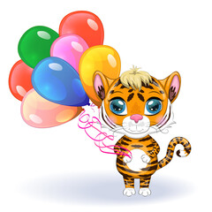 Cute cartoon tiger with beautiful eyes with balloons, greeting card. Chinese New Year 2022, Christmas Year of the Tiger