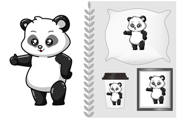 Mockup little cute and happy panda cartoon illustration