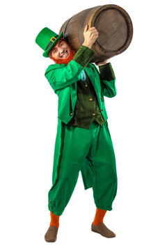 Male cheerful character Leprechaun laughing with a barrel of beer - a symbol of the Irish holiday of March 17 St. Patrick. Suitable for bar, pub party advertisements, calendars, invitations, postcards