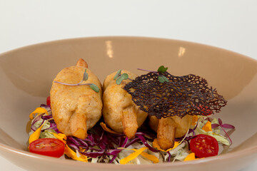 Close up of Fried shrimp mousse on sugar cane skewer on white background by focus stack. Healthy Vietnamese cuisine menu