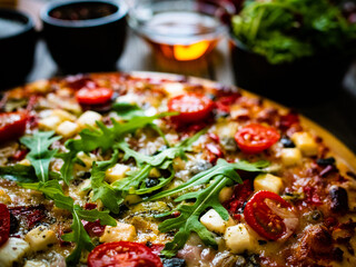 Pizza with goat cheese, tomatoes, olives, parmesan and mozzarella on wooden table