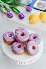 Colorful dessert purple donuts Spring Easter