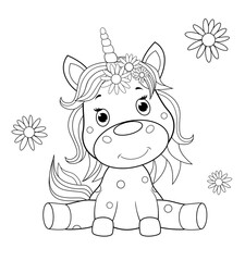 Baby unicorn sketch for coloring. A small sitting unicorn is drawn in black contour lines for children's coloring. Unicorn baby on a white background
