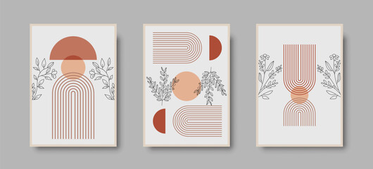 Botanical wall art abstract vector. Foliage line drawing. Neutral boho art print set. Minimal mid century wall art print for bedroom decor. Gallery decor poster, terracota colors. Vector illustration © Phantasm