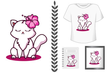 Mockup cute and happy cat with flower cartoon illustration