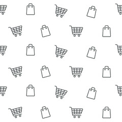 Shopping line seamless pattern. Shopping cart and bag on white background. E-commerce, online shop background. Vector illustration.