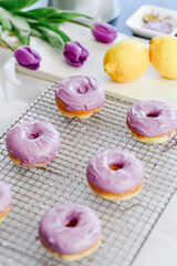 Colorful dessert purple donuts Spring Easter
