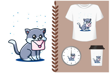 Mockup cute cat with love letter cartoon illustration