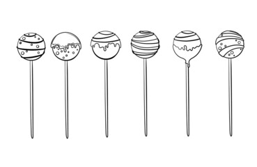 Set hand-drawn candy pops on white isolated background. Black white illustration
