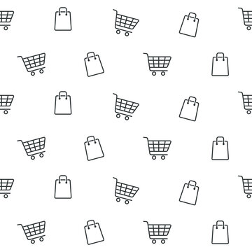 Shopping Line Seamless Pattern. Shopping Cart And Bag On White Background. E-commerce, Online Shop Background. Vector Illustration.