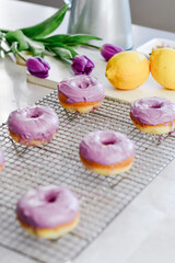 Colorful dessert purple donuts Spring Easter